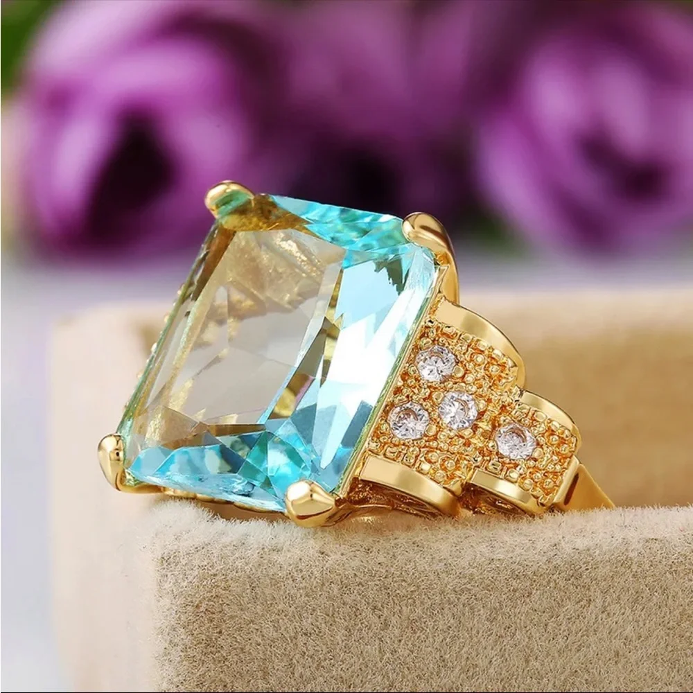 NEW Yellow Gold Plated  Blue Square Ring